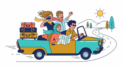 Fototapeta premium Four happy friends on a road trip in a convertible car, driving through a scenic landscape with luggage, enjoying their summer vacation.