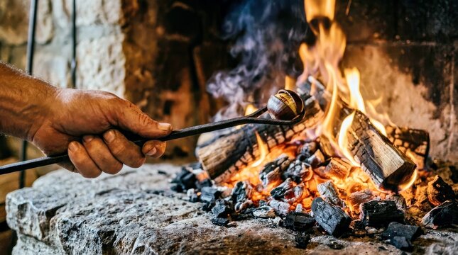 Hand Roasting Chestnuts Over an Open Fire