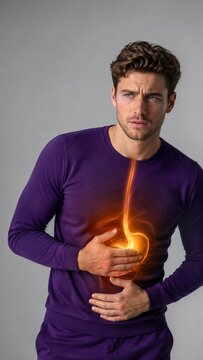 Man suffering from stomach pain and acid reflux. Concept of gastrointestinal health issues and digestion disorder. Digital visualization of heartburn, illness and gastroenterology pain.