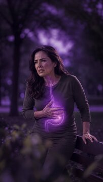 Woman suffering from heartburn or stomach acid reflux. Girl experiencing abdominal pain with glowing digestive organ illustration. Healthcare concept for medical treatment and indigestion.