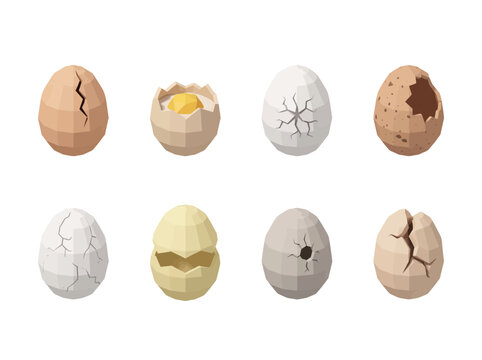 Set of low poly stylized eggs with various cracks and textures isolated on white background.