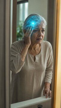 Middle aged woman suffering from severe migraine headache. Senior patient touching temple with digital brain neural connection overlay. Medical healthcare concept for neurological pain disorder.