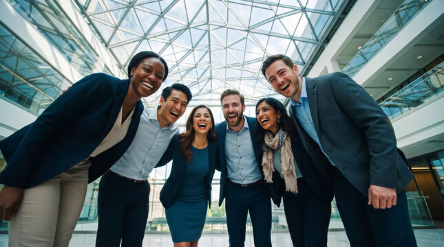 Low angle shot of happy multiethnic team looking down at camera and laughing