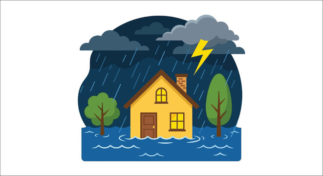 Flooded house with storm clouds and lightning a flat vector illustration with a blue and yellow color scheme