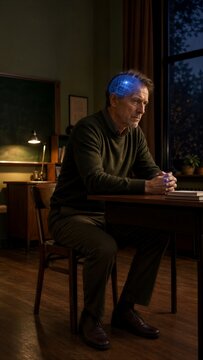 Senior man sitting at table with glowing digital brain model. Concept of memory, thinking, cognitive neurology and medical care. Innovative science visualization for brain health research.