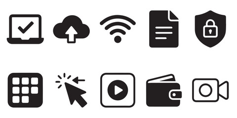 Fototapeta premium Essential business and technology icon set. Modern web interface symbols for digital apps. A collection of professional black vector icons for web design, user interface, and digital business 