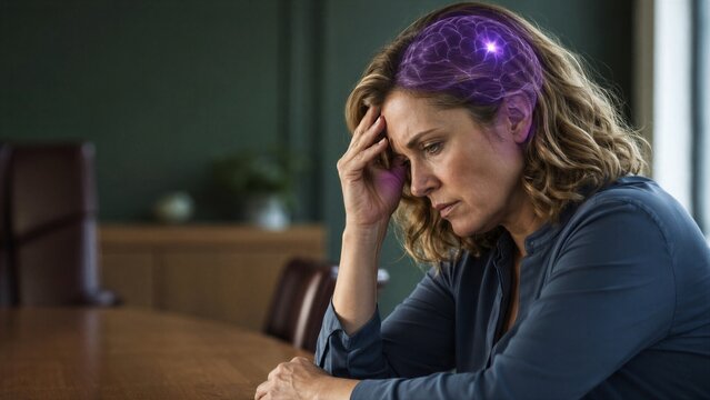 Woman suffering from migraine holding her head with glowing brain visualization. Stress, headache and neurological pain concept. Mental health issue and medical condition illustration.