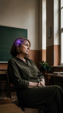 Woman sitting in classroom visualizing digital brain model hologram. Medical concept of cognitive health, dementia and mental focus in senior generation. Healthcare and research study.