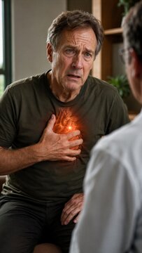 Man suffering from chest pain consulting doctor. Patient experiencing heart attack symptoms. Cardiology concept showing glowing organ. Medical clinic visit for cardiovascular health check.