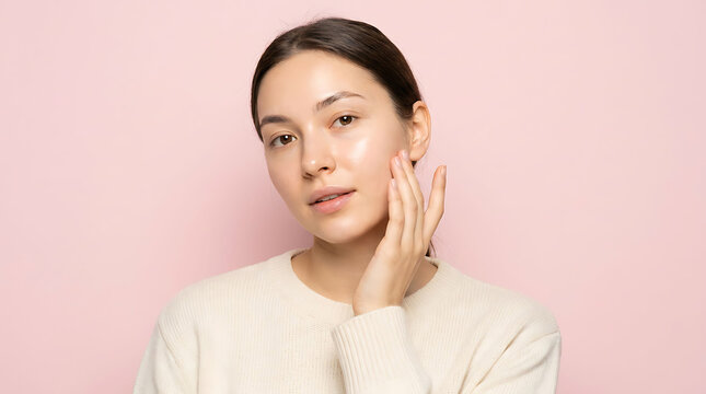 A young woman with clear, glowing skin gently touches her cheek against a soft pink backdrop, showcasing a fresh and natural beauty look