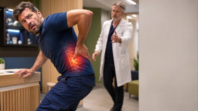 Man feeling acute back pain consulting with doctor in medical clinic. Patient suffering from spinal injury or vertebrae problem. Physical therapy, healthcare and treatment concept.