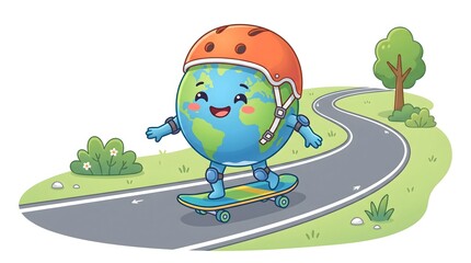 Fototapeta premium Cute Earth teaches children to ride a skateboard safely by wearing protective gear and staying away from traffic.