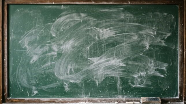 Blank chalkboard with eraser marks and chalk sticks in classroom setting