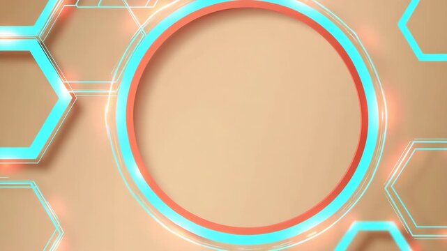Closeup circular neon frame with hexagon outlines on beige
