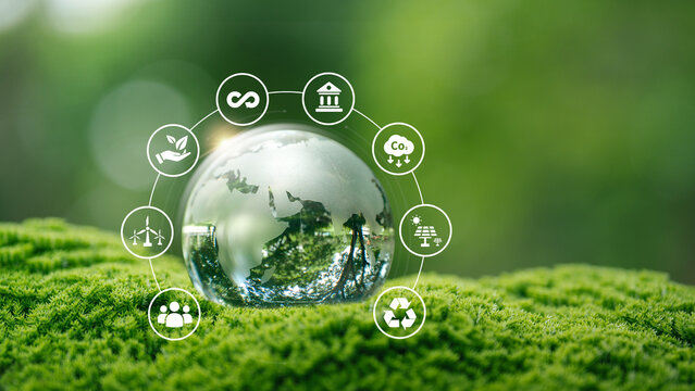 Sustainability environment concept. Crystal globe on moss with forest background environmental icons for ESG, net zero, climate action, carbon reduction, renewable energy, and earth day