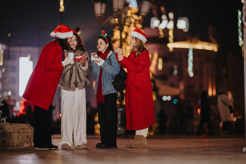 Fototapeta premium Four girls wearing Santa hats share snacks and drinks on a decorated city street at night. Friends laugh and enjoy festive treats together in a winter evening urban setting.