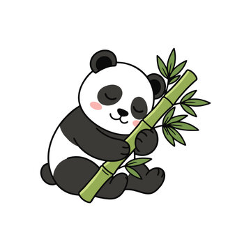 Adorable panda sleeping while hugging a bamboo stalk, peaceful expression, flat vector cartoon, thick outlines, solid colors only, no gradients, sticker design