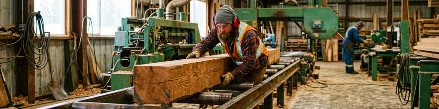 Woodworker moving a large timber beam on a sawmill conveyor. Professional carpenter wearing safety gear in an industrial facility. Timber industry concept for construction and trade marketing.