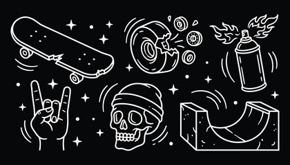 Urban street culture line art illustration with skateboard skull and graffiti icons © 777SKYLABS