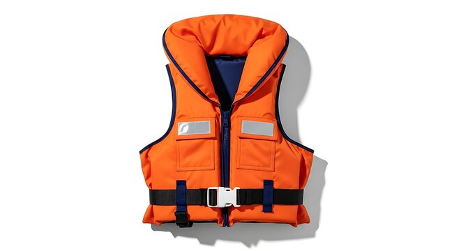 Bright Orange Life Jacket with Reflective Strips on White Background