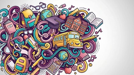 Fototapeta premium Colorful doodle back to school educational supplies illustration with displays vibrant assortment globe white background