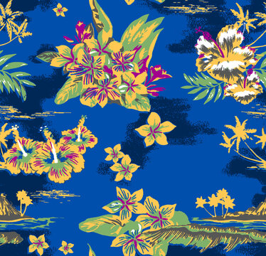 Vintage Hawaiian floral seamless pattern with palm trees and tropical islands. Summer textile design