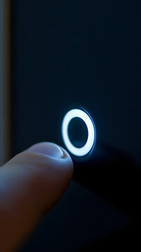 Finger presses a glowing circular power button on a sleek dark surface, representing the activation of modern technology through a precise human interaction with an electronic interface.