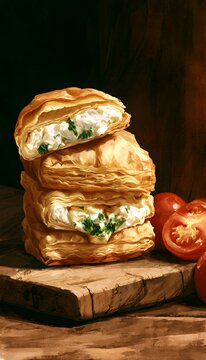Golden phyllo pastries overflowing with cheese herbs on a rustic wooden board evoke comfort food indulgence