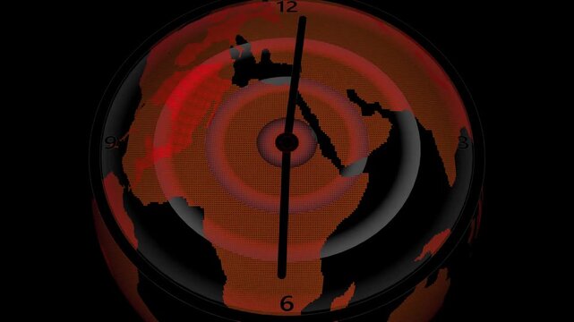 Digital clock face with black hands superimposed on a glowing red pixelated globe showing Africa and Europe with concentric rings indicating time zones or data transmission against a dark background
