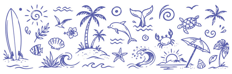 Hand drawn beach summer doodles and tropical sketch elements. Surfboard, palm trees, shells, waves and island vacation vector collection. © Zbrake Studio