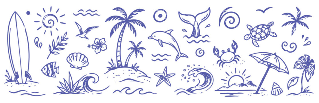 Hand drawn beach summer doodles and tropical sketch elements. Surfboard, palm trees, shells, waves and island vacation vector collection.