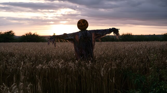 Golden wheat field at sunset features a nostalgic scarecrow pumpkin scene evoking rural autumn charm