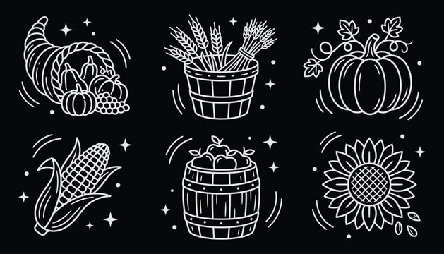 Autumn harvest line icons set with pumpkin wheat and cornucopia on black background