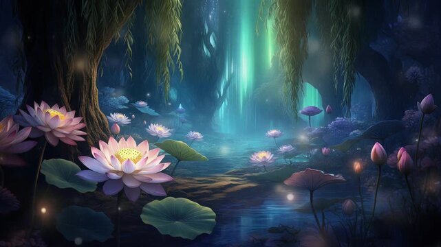 Glowing lotus aurora fantasy garden in a magical enchanted forest