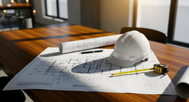 Blueprints with white hard hat and measuring tape on office table. Architectural floor plans and tools in sunny workspace. Construction planning concept for building and engineering marketing.