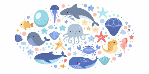 Circular Arrangement Of Marine Life Vector Illustration With White Background © Bivuti
