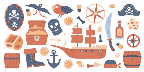 Pirate Themed Illustration Set With Ship Treasure And Nautical Elements © Bivuti