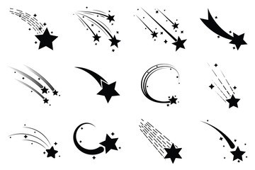 Shooting star vector icon set. Shooting stars and stardust trails on white background. © U-Iconic
