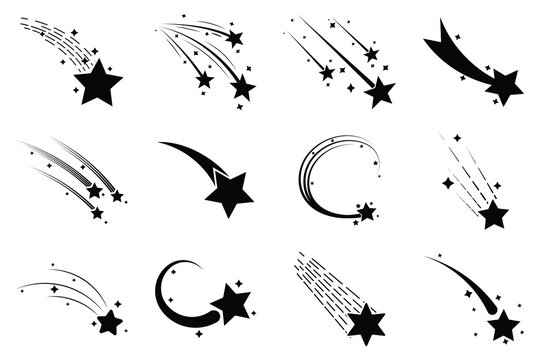 Shooting star vector icon set. Shooting stars and stardust trails on white background.