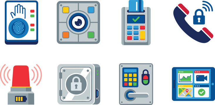 Security and Access Control Vector Icons with Fingerprint Scanner Camera Card Reader Alarm Safe Lock