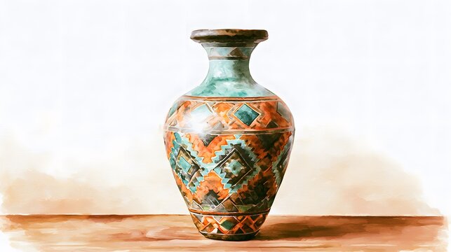 Teal orange ceramic vase illustration showcases intricate geometric patterns on warm wood