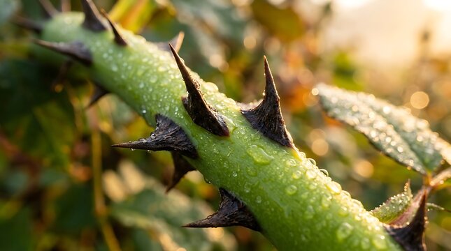 Close up of a green plant stem with sharp thorns and dew drops
