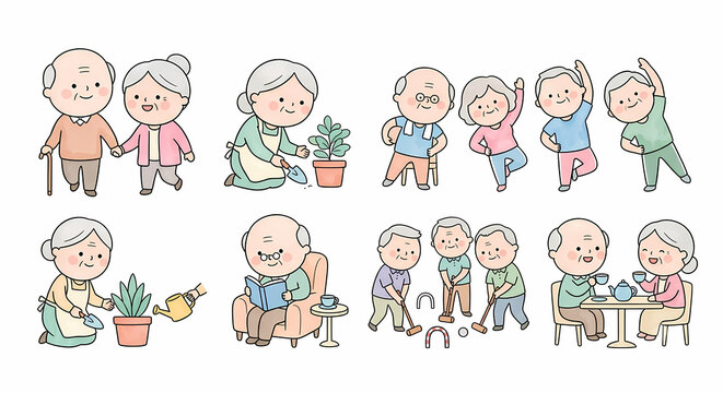 シニアの健康づくりと体操レク 手描きイラスト 白背景 横長