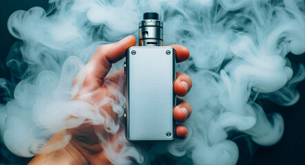 Obraz premium Hand holding metallic electronic cigarette in thick smoke. User with silver box mod device in dark studio. Vaping lifestyle concept for commercial marketing and health awareness.