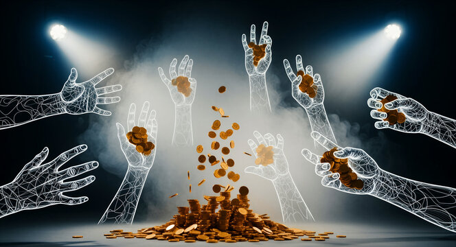 Digital wireframe hands reaching for a pile of gold coins under spotlights. Futuristic neon hands catching falling currency amidst smoke. Fintech wealth concept for financial technology marketing.
