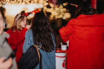 Fototapeta premium Three girls stand together at a festive outdoor market, wearing coats and holiday headbands. A candid nighttime scene with warm bokeh lights and casual conversation among friends.