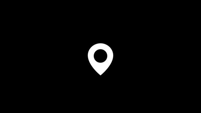 A simple, solid white location pin is centered on a plain black background, representing a map marker, destination, or geographical point of interest. Keywords: location, pin, map, marker, symbol