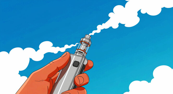 Hand holding vape device emitting vapor clouds against blue sky. Illustrated electronic cigarette mod in hand. Vaping culture concept for health awareness or cessation marketing.