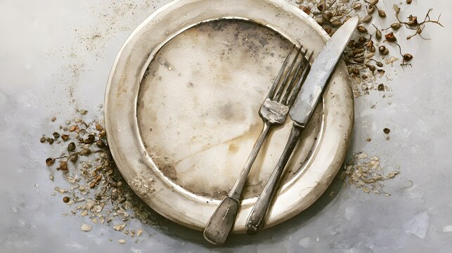 Rustic Ceramic Table Setting with Berries and Antique Silverware on Stone