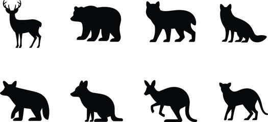 Wild Animal Silhouette Vector Set with Deer Bear Wolf Fox Kangaroo © mstlipibegum
